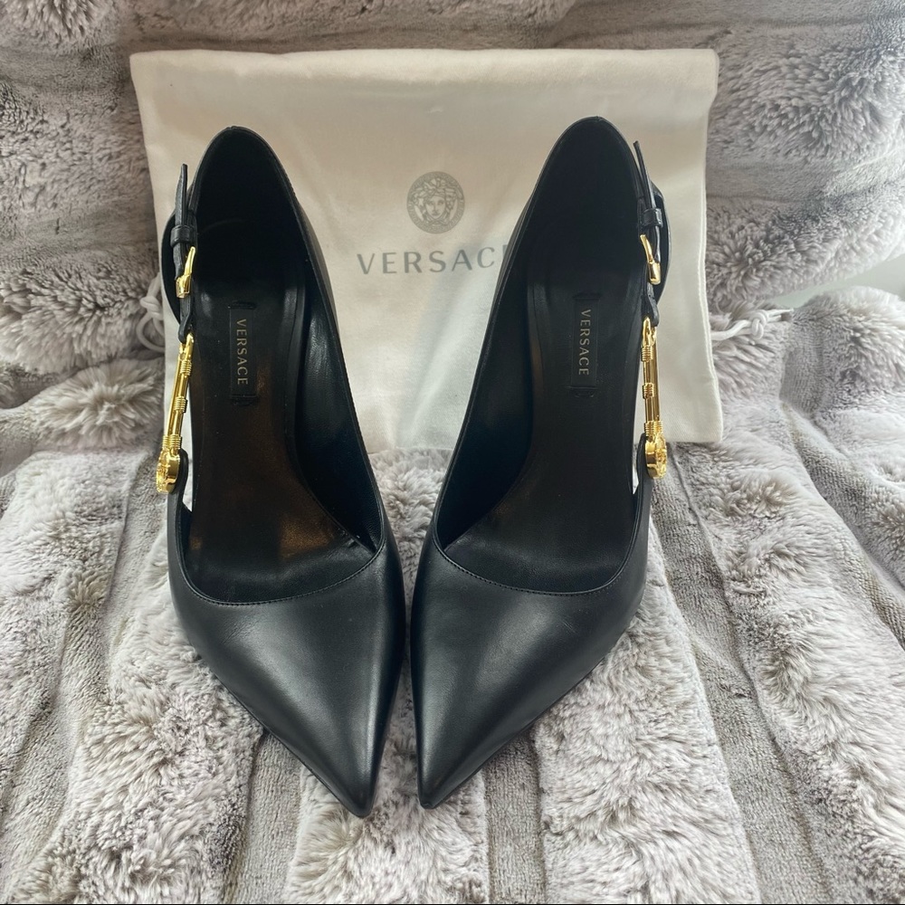 VERSACE SAFETY PIN LEATHER PUMPS